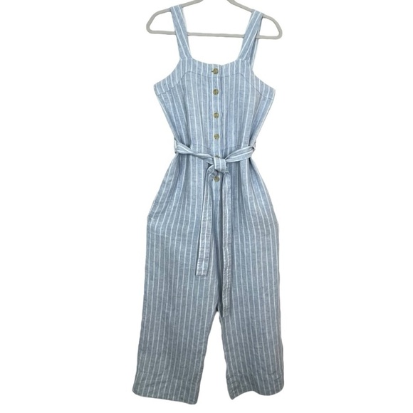 Everlane Linen Square Neck Blue Pinstripe Button Down Tie Front Jumpsuit 2 NWOT - Picture 4 of 14